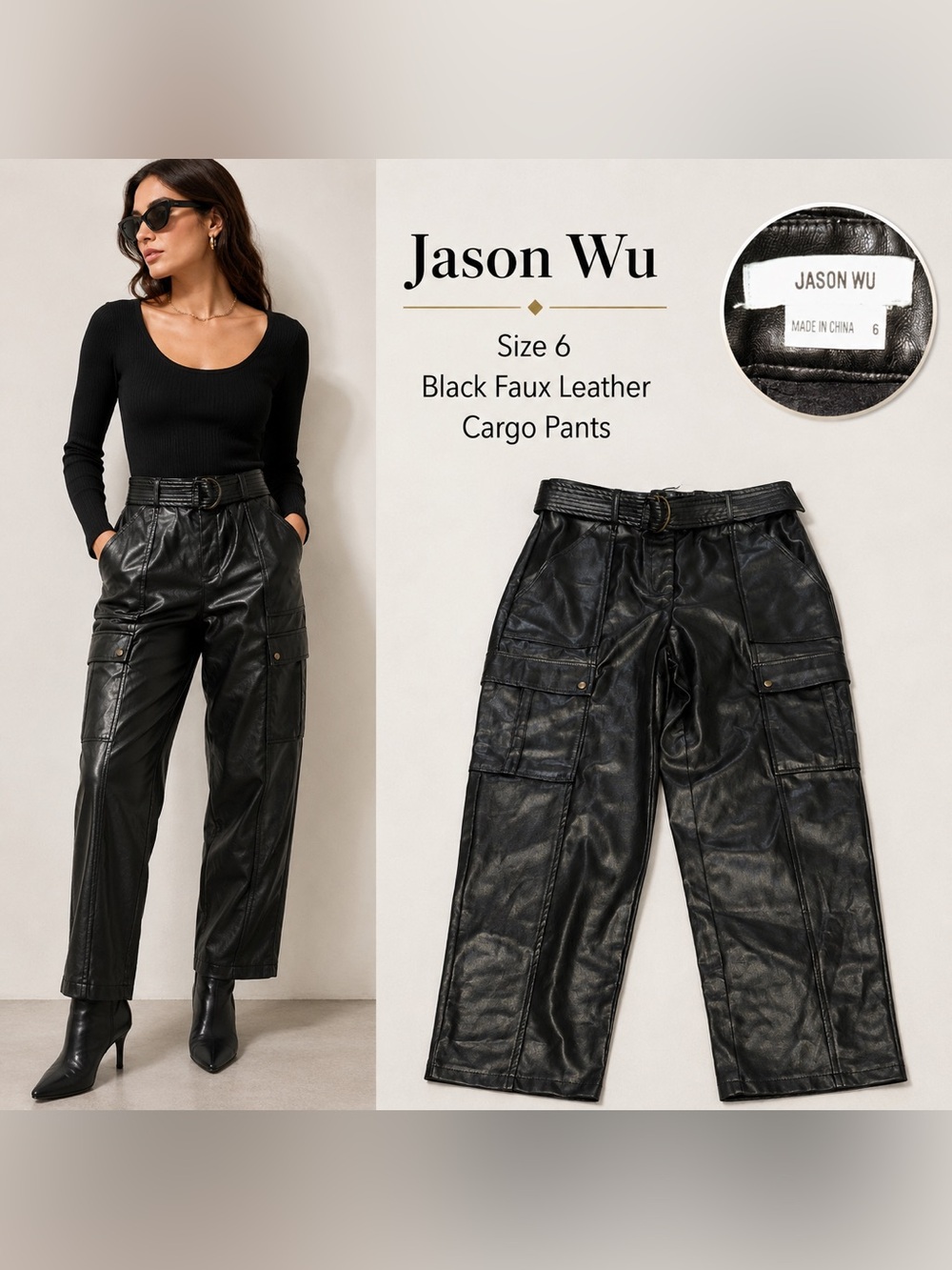 Jason Wu Black Faux Leather Cargo Pants Belted Women’s Size 6